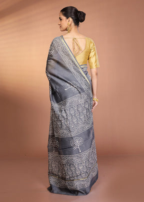 Grey Chanderi Silk Saree With Blouse Piece