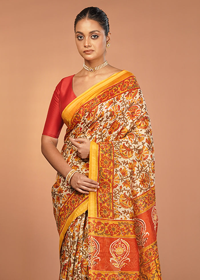 Cream Chanderi Silk Saree With Blouse Piece