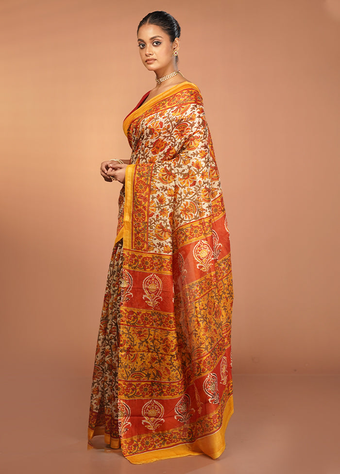 Cream Chanderi Silk Saree With Blouse Piece