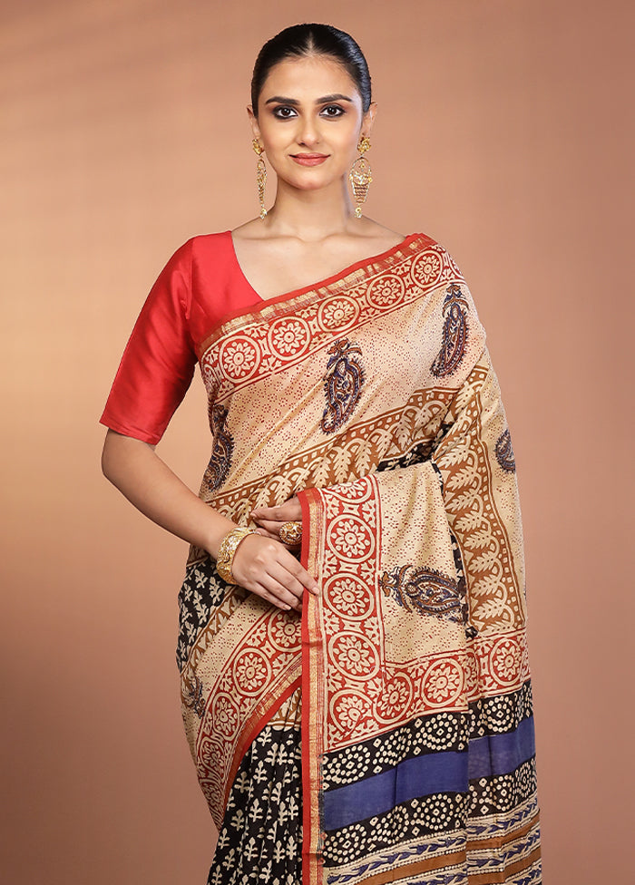 Cream Chanderi Silk Saree With Blouse Piece