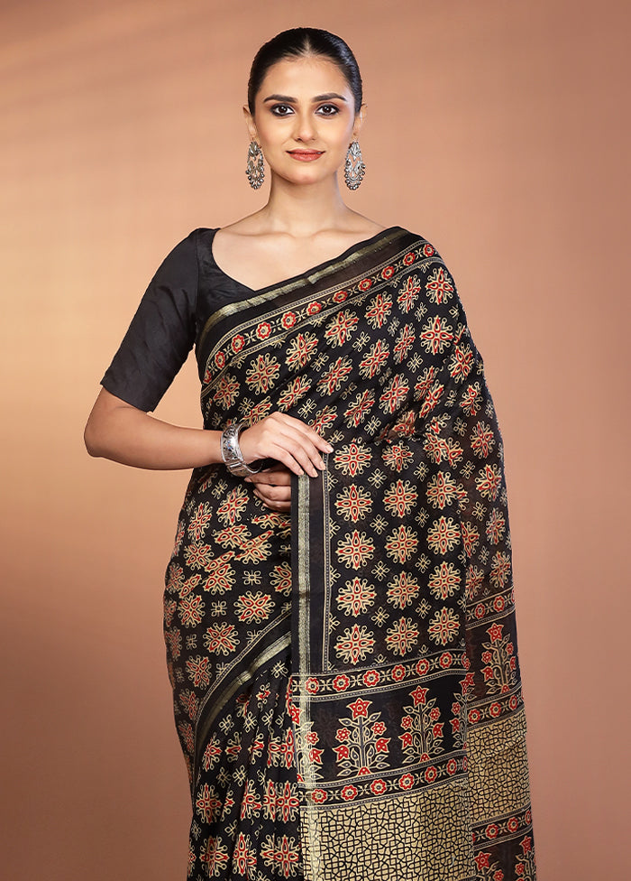 Black Chanderi Silk Saree With Blouse Piece