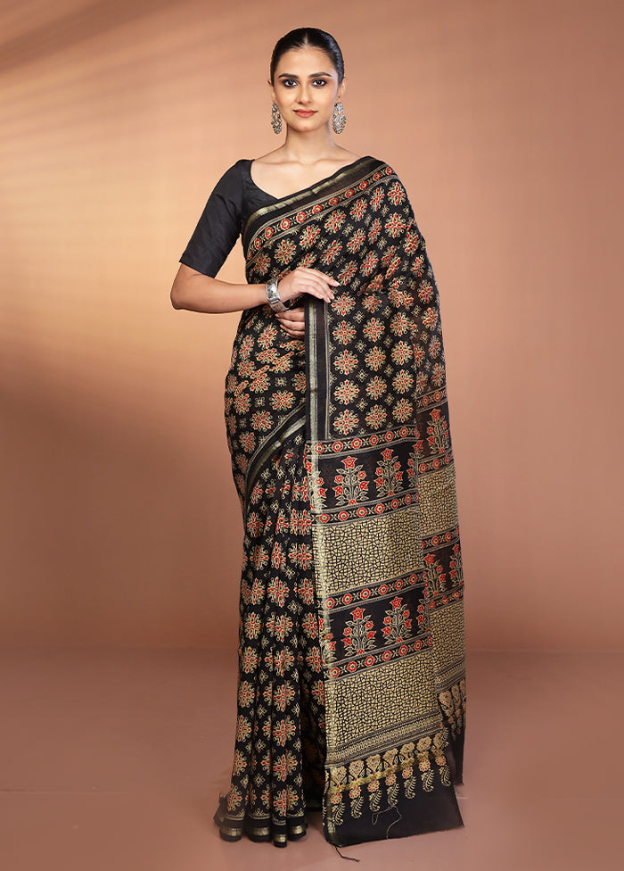 Black Chanderi Silk Saree With Blouse Piece