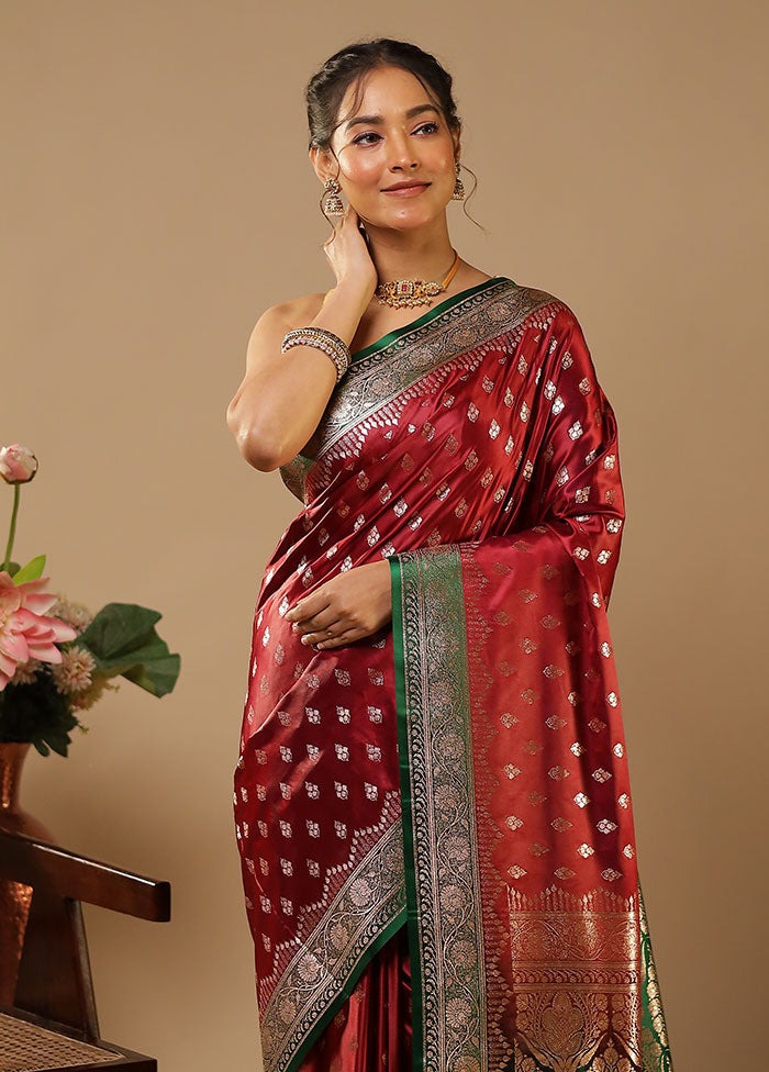 Maroon Banarasi Silk Saree With Blouse Piece