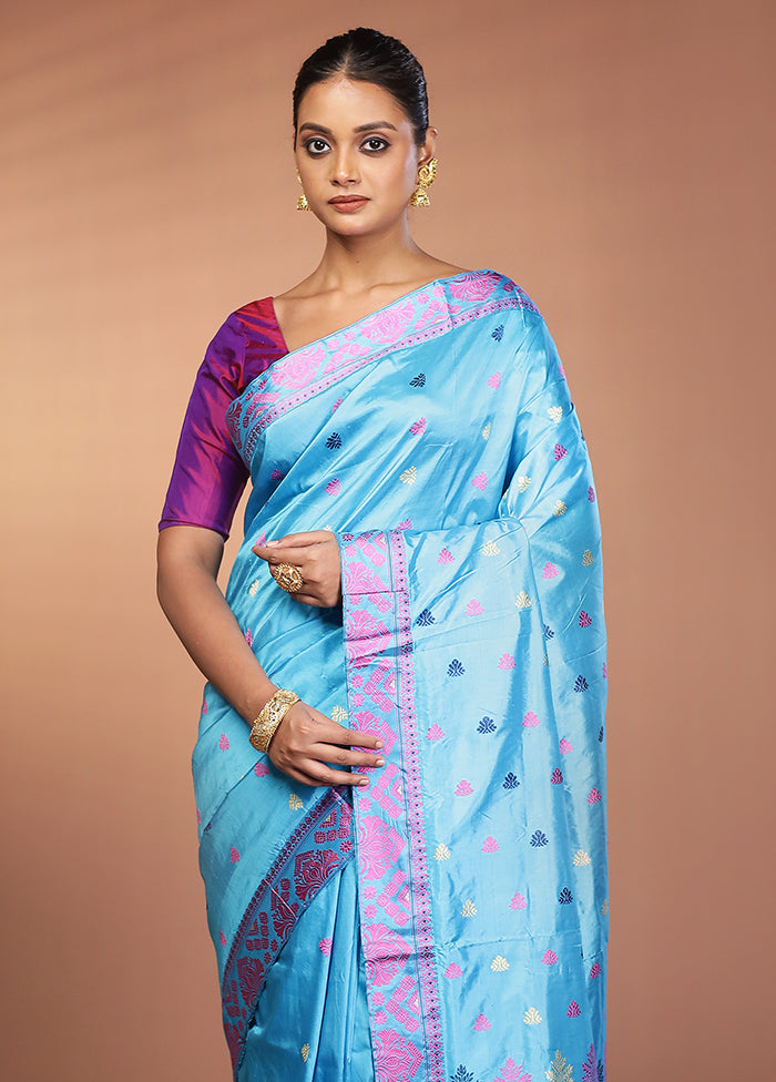 Blue Handloom Assam Pure Silk Saree With Blouse Piece