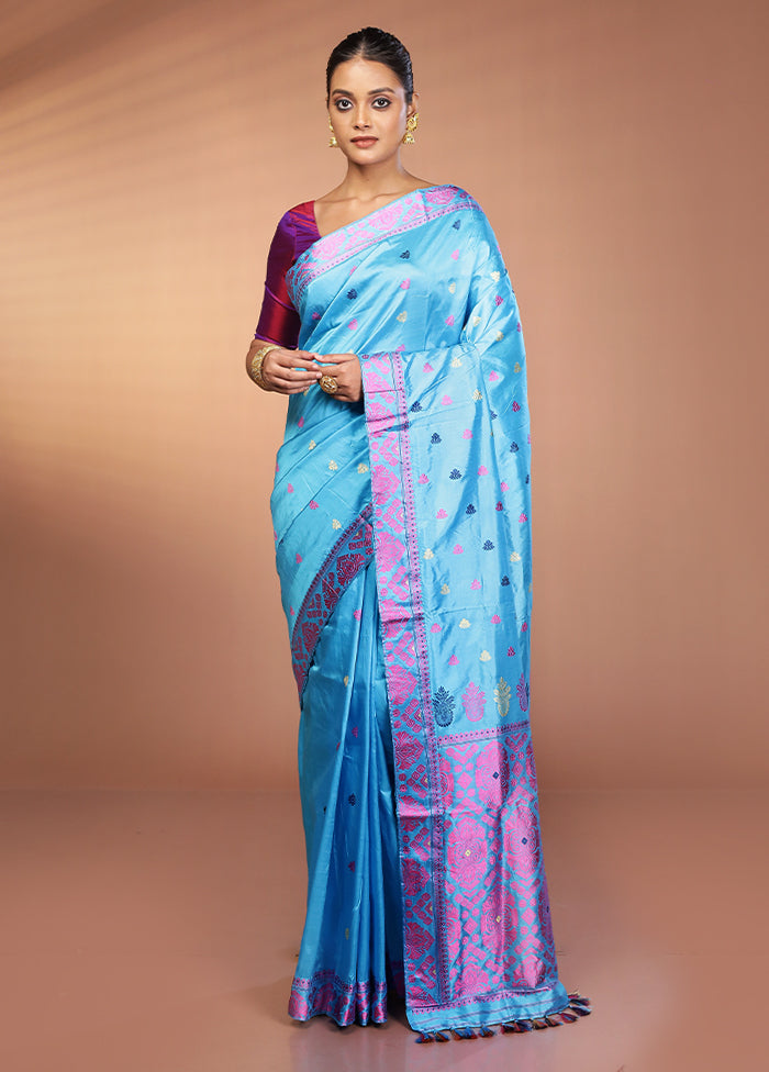 Blue Handloom Assam Pure Silk Saree With Blouse Piece