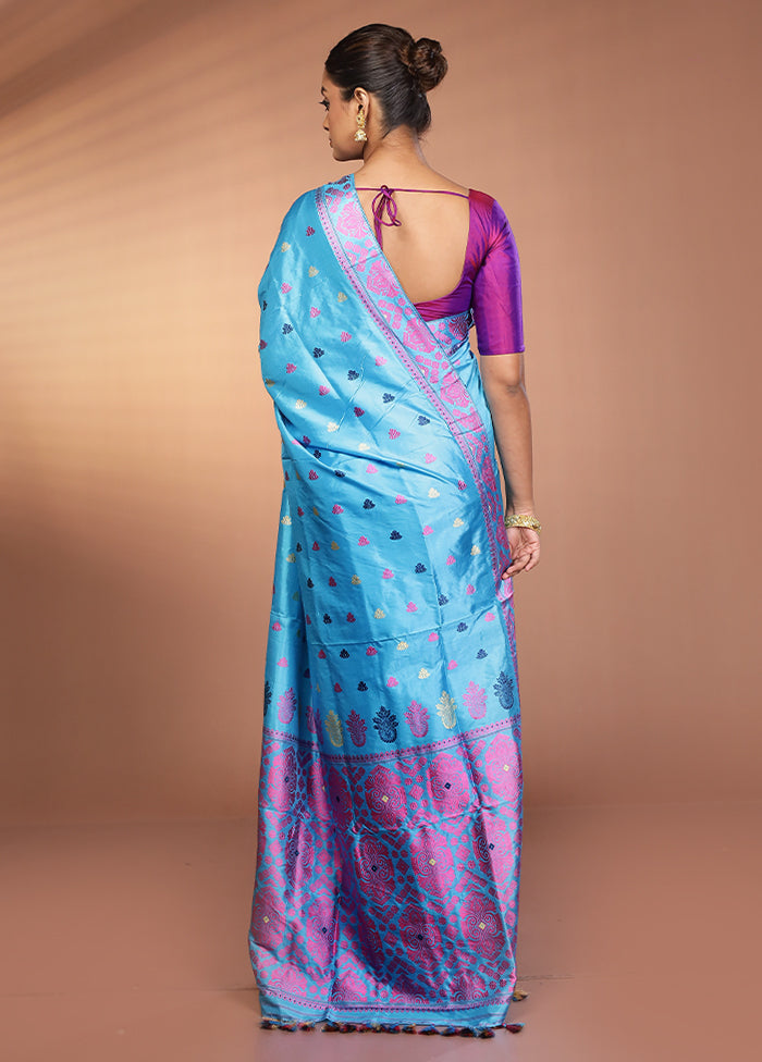 Blue Handloom Assam Pure Silk Saree With Blouse Piece