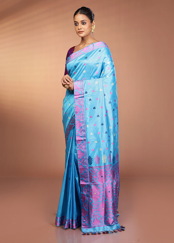 Blue Handloom Assam Pure Silk Saree With Blouse Piece