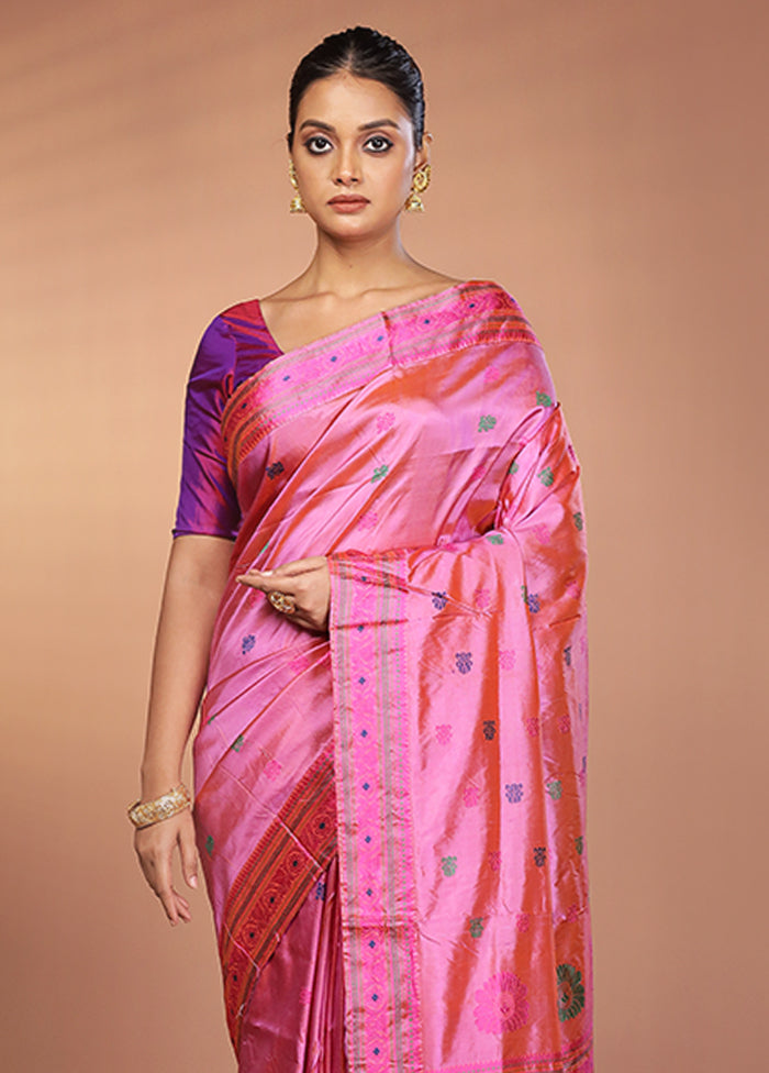 Pink Handloom Assam Pure Silk Saree With Blouse Piece
