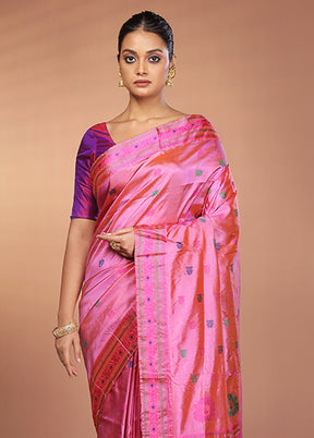 Pink Handloom Assam Pure Silk Saree With Blouse Piece
