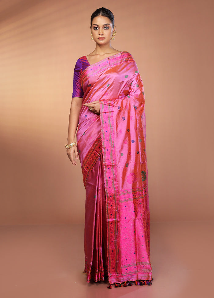 Pink Handloom Assam Pure Silk Saree With Blouse Piece
