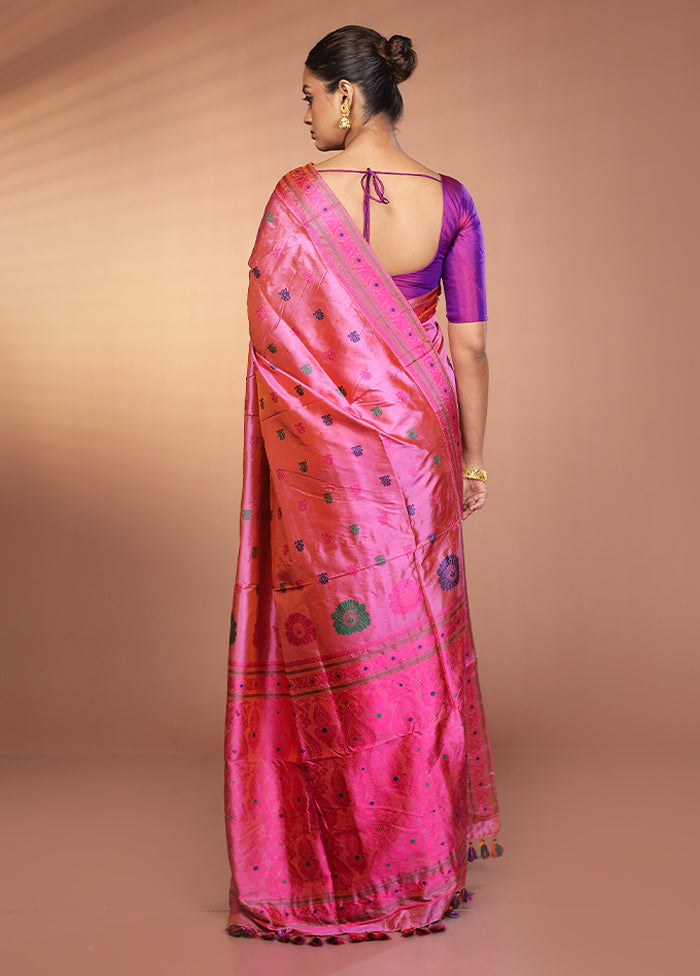 Pink Handloom Assam Pure Silk Saree With Blouse Piece
