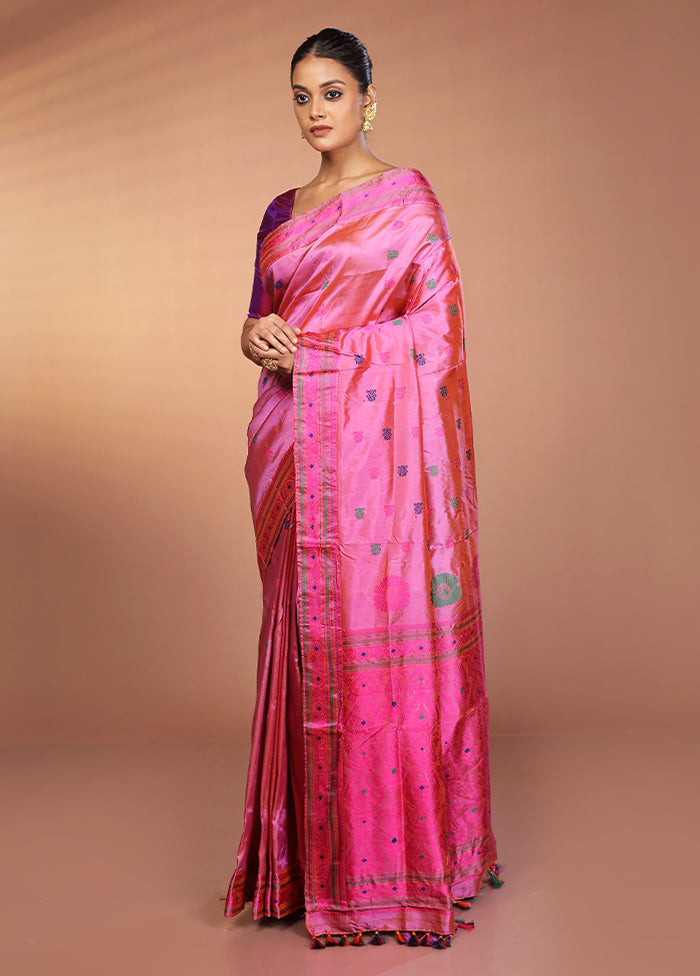 Pink Handloom Assam Pure Silk Saree With Blouse Piece