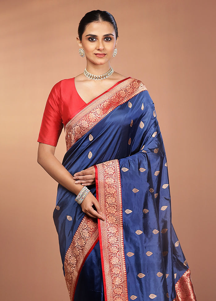 Blue Handloom Katan Pure Silk Saree With Blouse Piece
