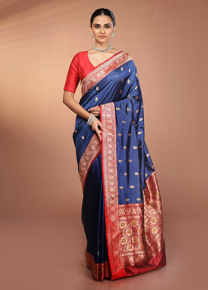 Blue Handloom Katan Pure Silk Saree With Blouse Piece