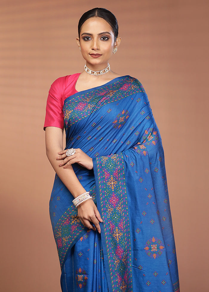Blue Dupion Silk Saree With Blouse Piece