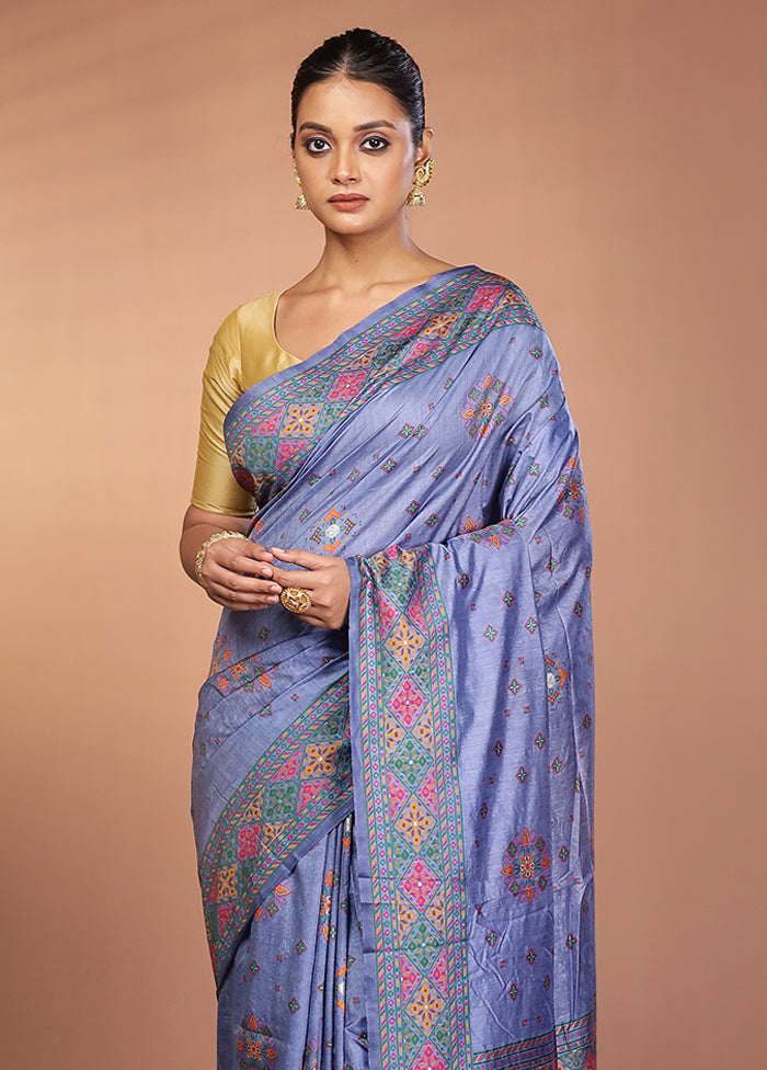 Blue Dupion Silk Saree With Blouse Piece