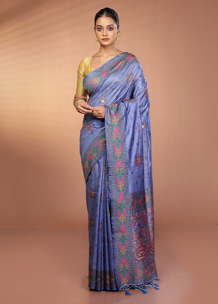 Blue Dupion Silk Saree With Blouse Piece