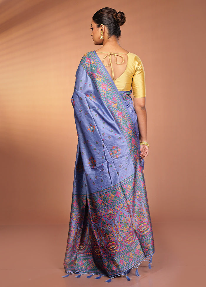 Blue Dupion Silk Saree With Blouse Piece
