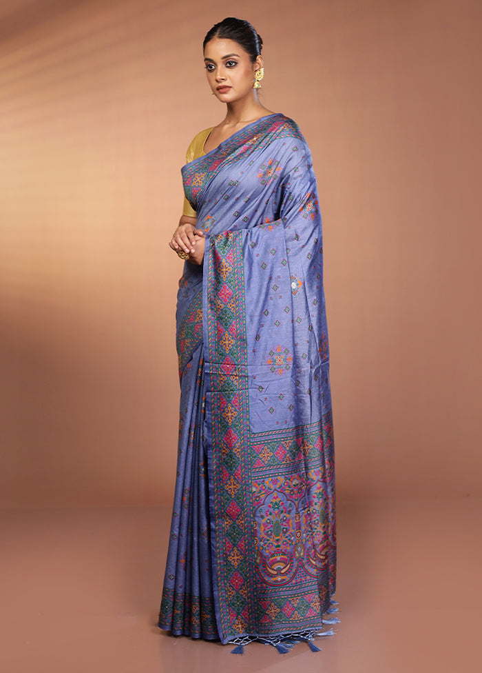 Blue Dupion Silk Saree With Blouse Piece