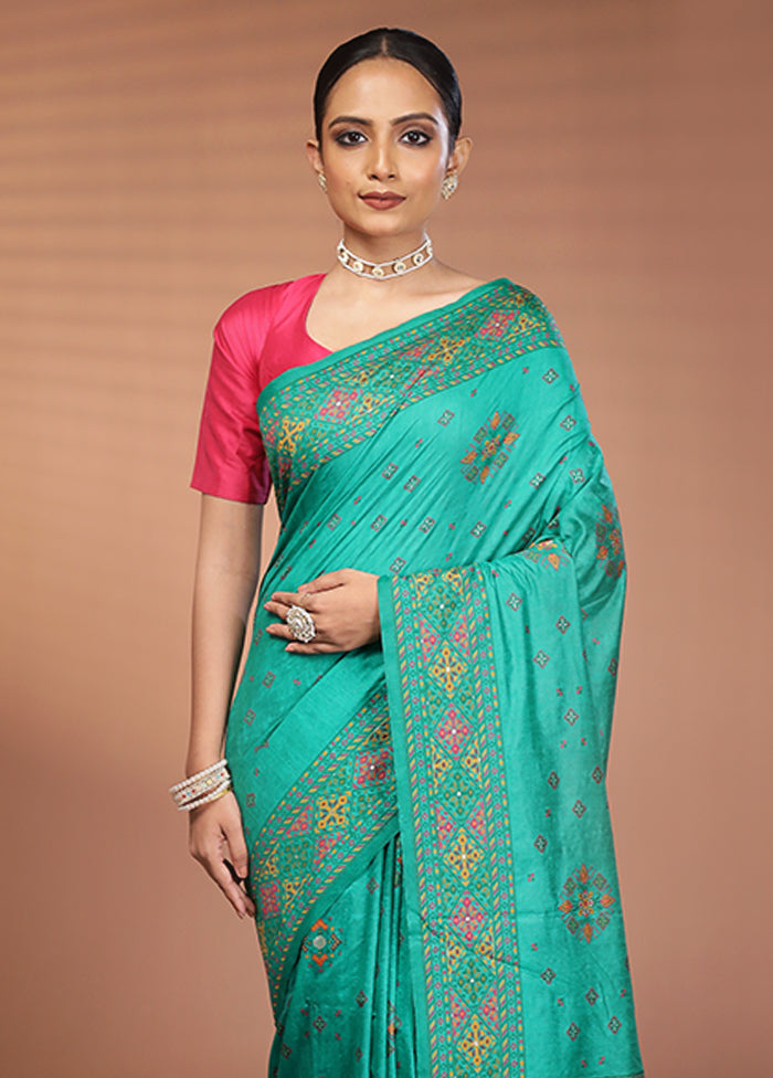 Green Dupion Silk Saree With Blouse Piece