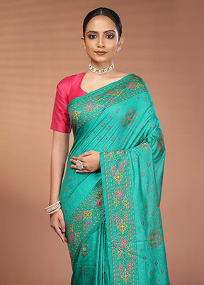 Green Dupion Silk Saree With Blouse Piece