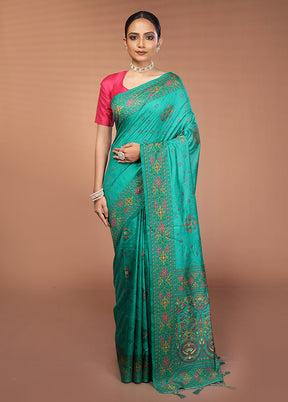 Green Dupion Silk Saree With Blouse Piece