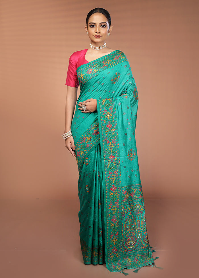 Green Dupion Silk Saree With Blouse Piece