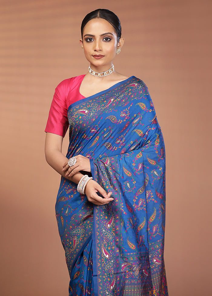 Blue Dupion Silk Saree With Blouse Piece