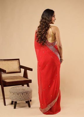 Red Chiffon Silk Saree With Blouse Piece