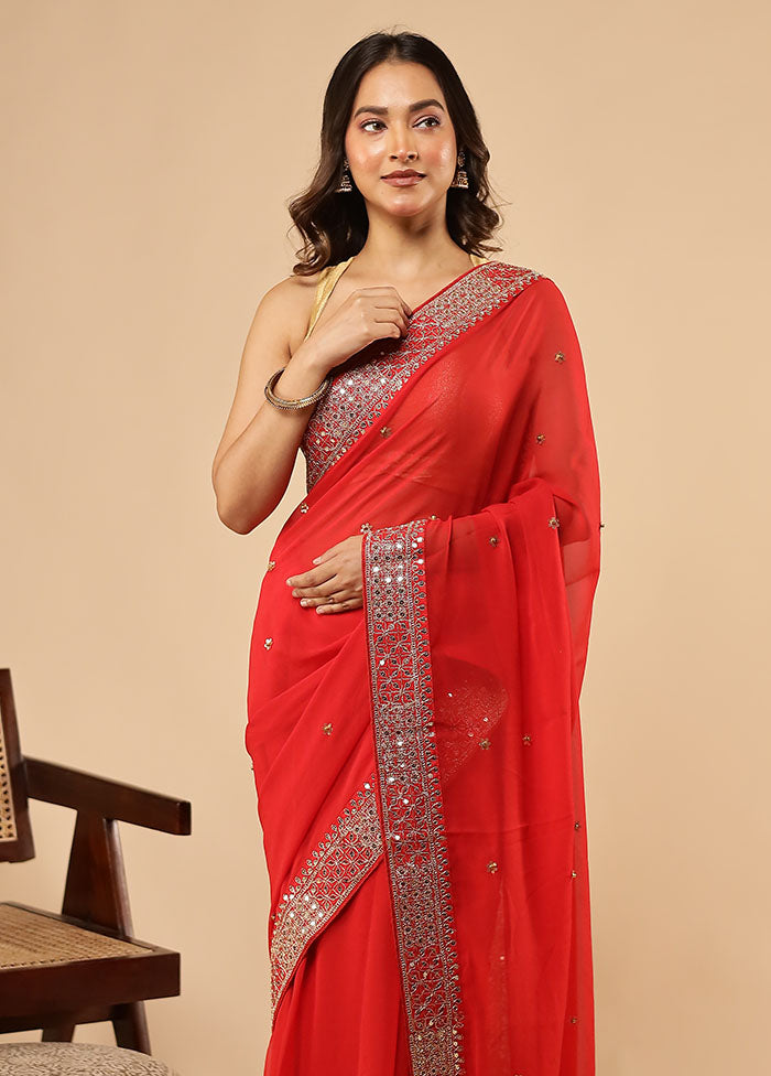 Red Chiffon Silk Saree With Blouse Piece