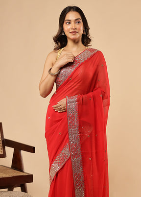 Red Chiffon Silk Saree With Blouse Piece