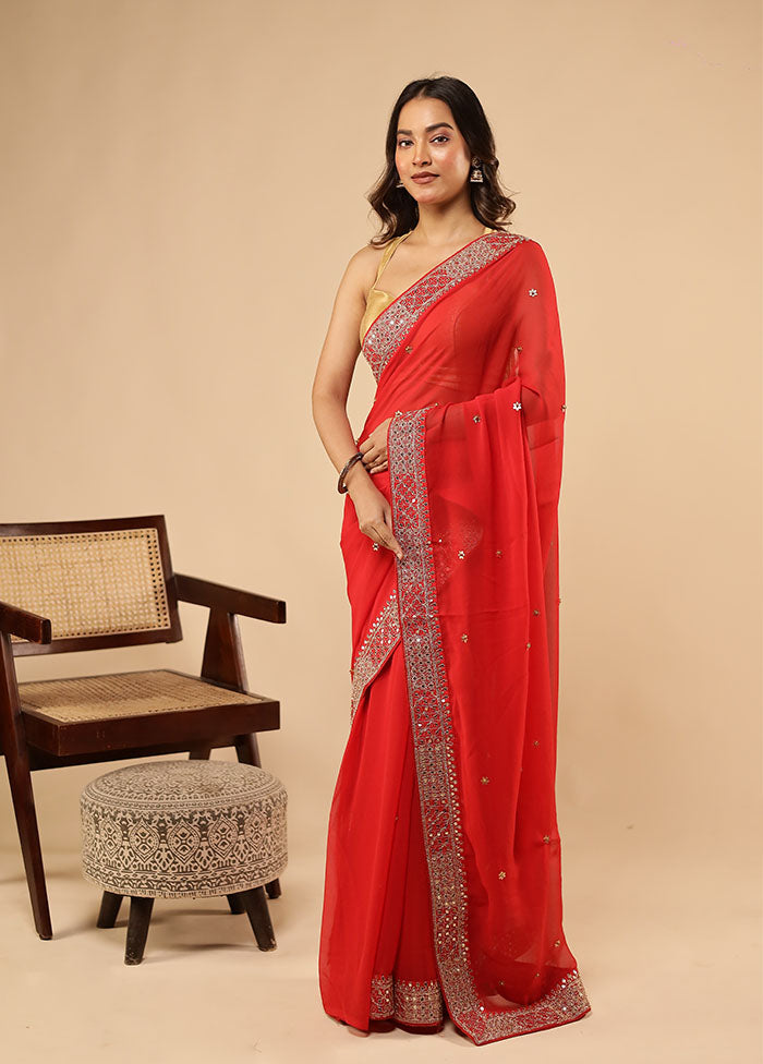Red Chiffon Silk Saree With Blouse Piece