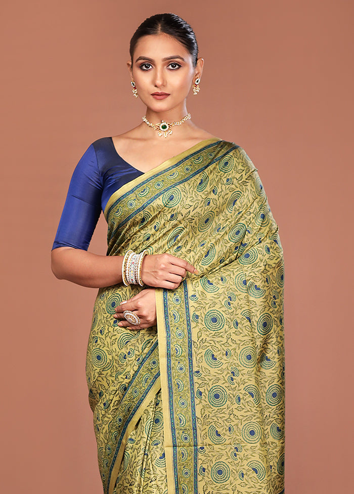 Green Handloom Printed Pure Silk Saree Without Blouse Piece