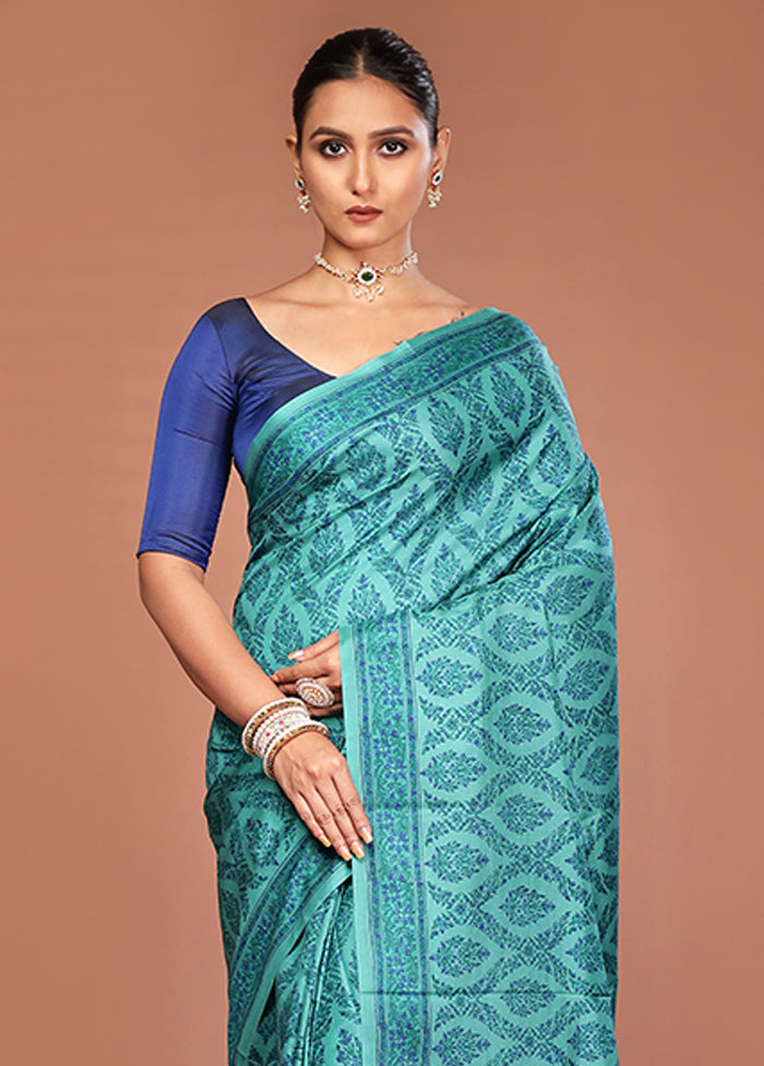 Green Handloom Printed Pure Silk Saree Without Blouse Piece