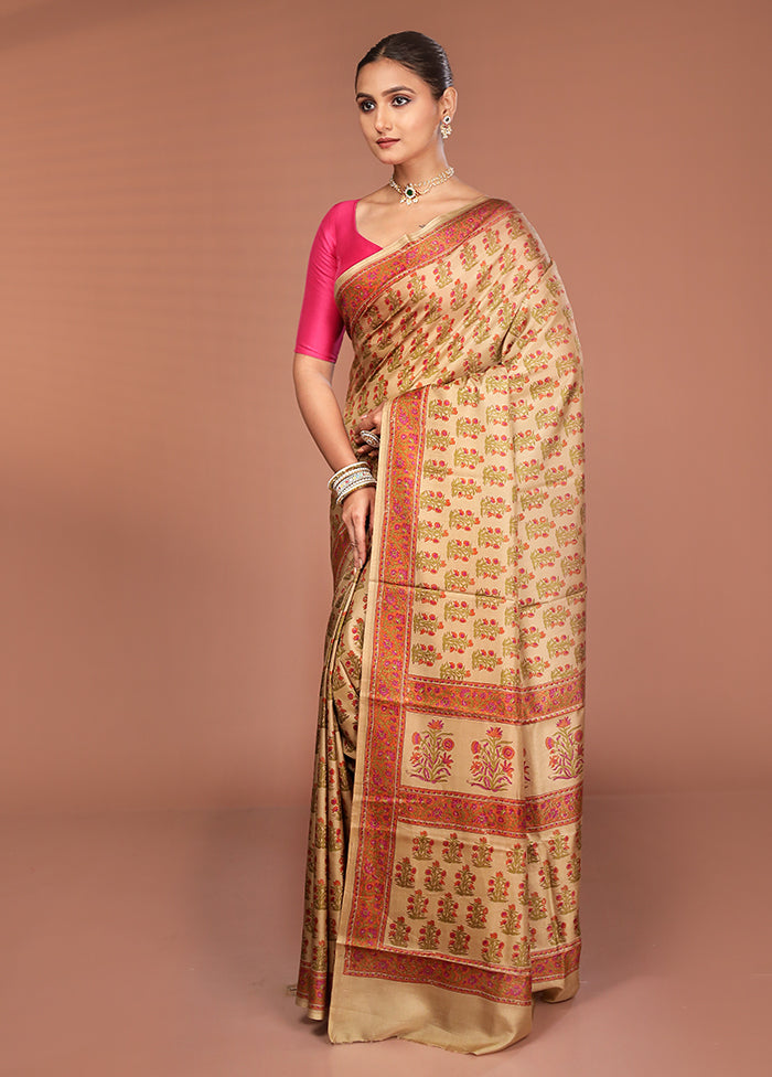 Cream Handloom Printed Pure Silk Saree Without Blouse Piece