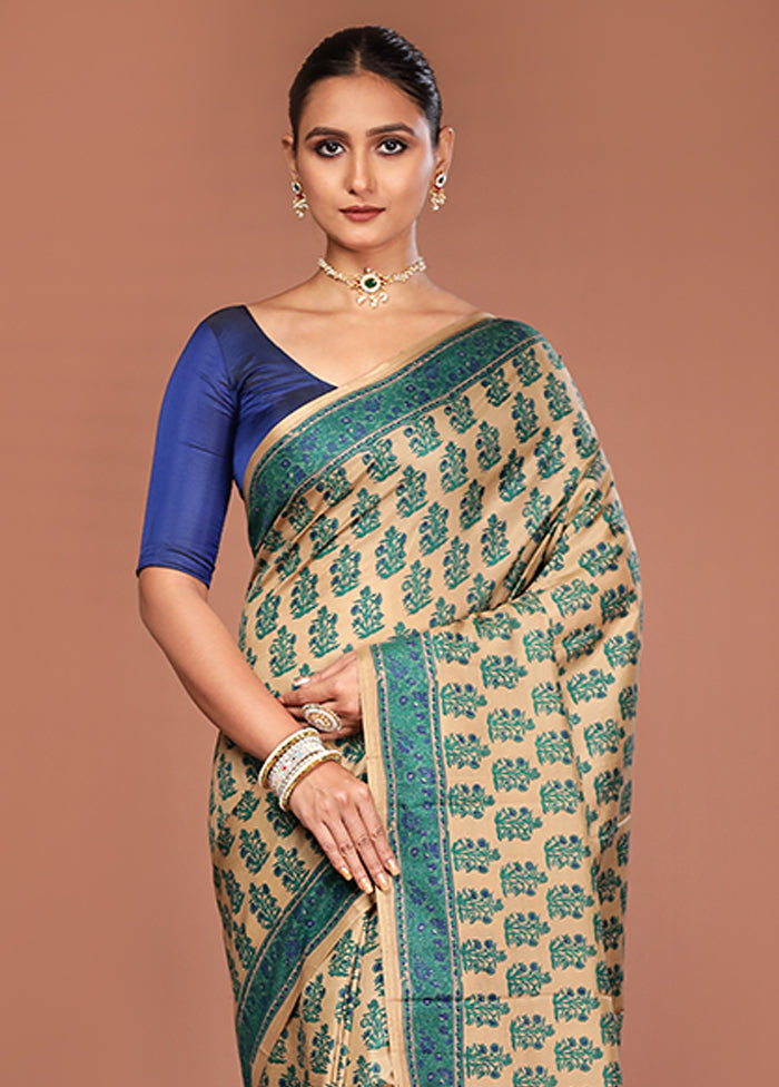 Cream Handloom Printed Pure Silk Saree Without Blouse Piece