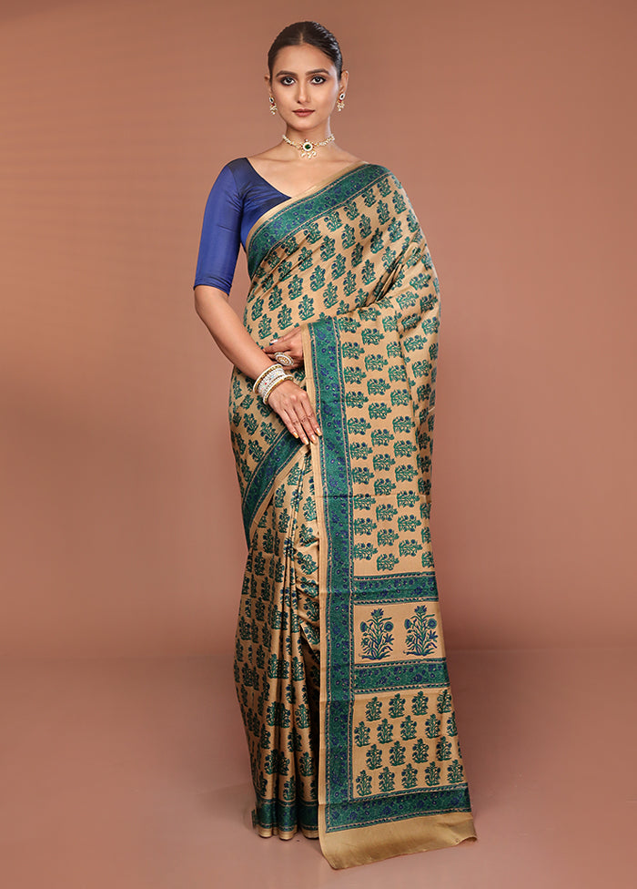 Cream Handloom Printed Pure Silk Saree Without Blouse Piece