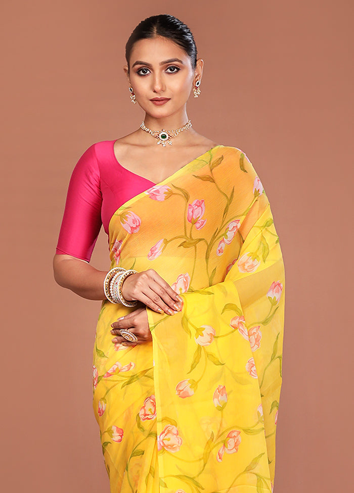 Yellow Handloom Chiffon Pure Silk Saree With Blouse Piece