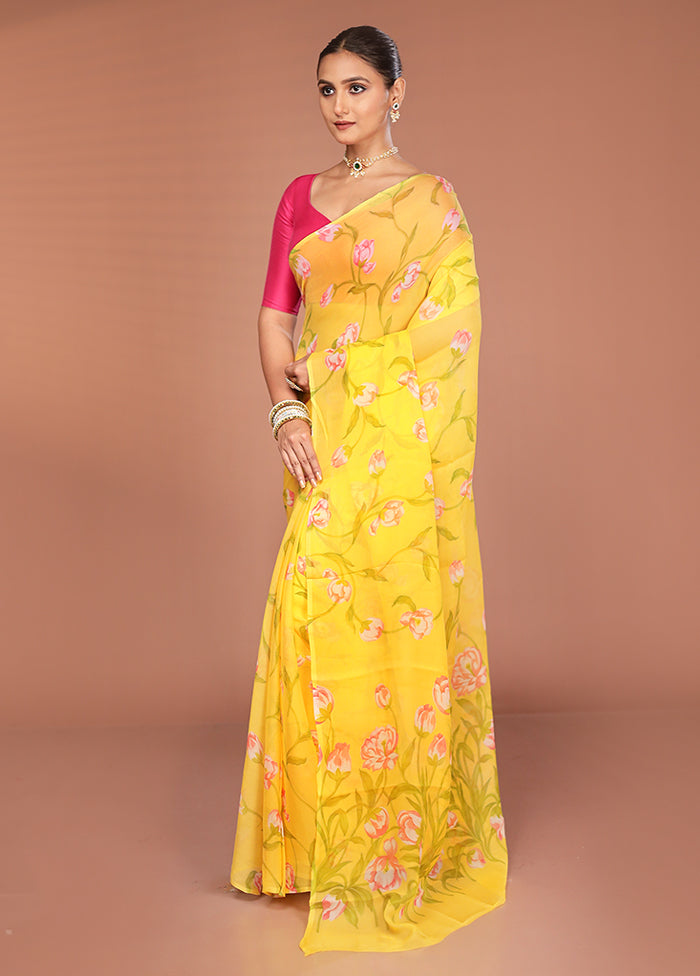 Yellow Handloom Chiffon Pure Silk Saree With Blouse Piece