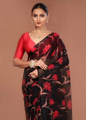 Black Handloom Chiffon Pure Silk Saree With Blouse Piece