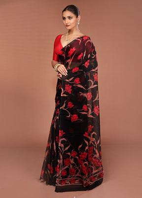 Black Handloom Chiffon Pure Silk Saree With Blouse Piece