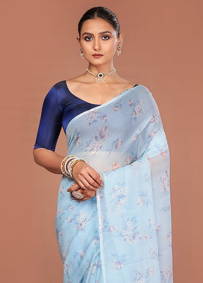 Blue Handloom Chiffon Pure Silk Saree With Blouse Piece