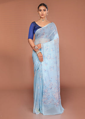 Blue Handloom Chiffon Pure Silk Saree With Blouse Piece