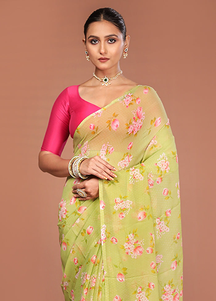 Green Handloom Chiffon Pure Silk Saree With Blouse Piece