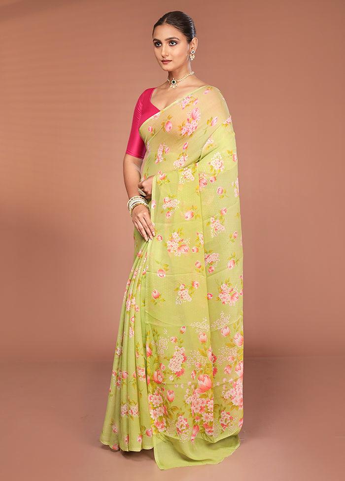 Green Handloom Chiffon Pure Silk Saree With Blouse Piece