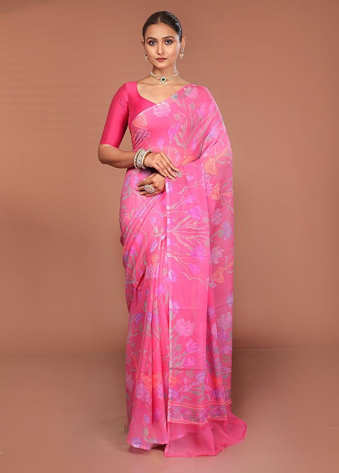 Pink Handloom Chiffon Pure Silk Saree With Blouse Piece