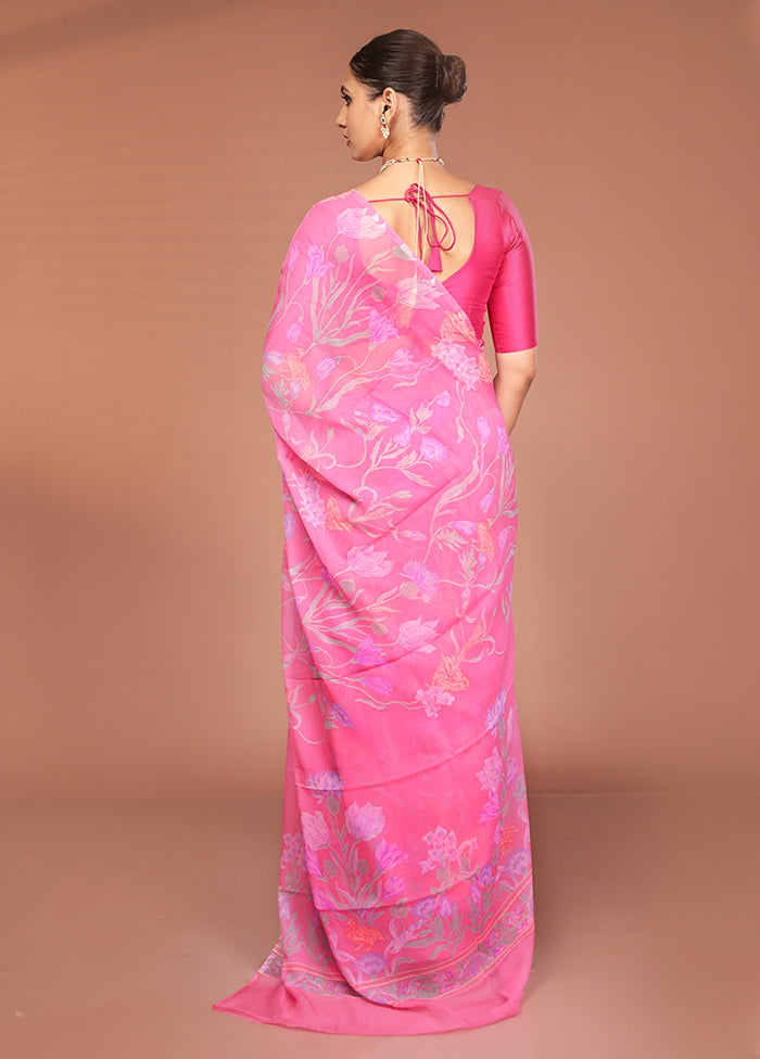 Pink Handloom Chiffon Pure Silk Saree With Blouse Piece
