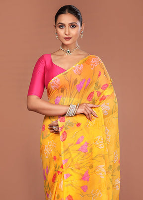 Yellow Handloom Chiffon Pure Silk Saree With Blouse Piece