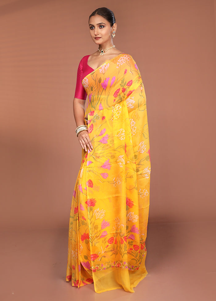 Yellow Handloom Chiffon Pure Silk Saree With Blouse Piece