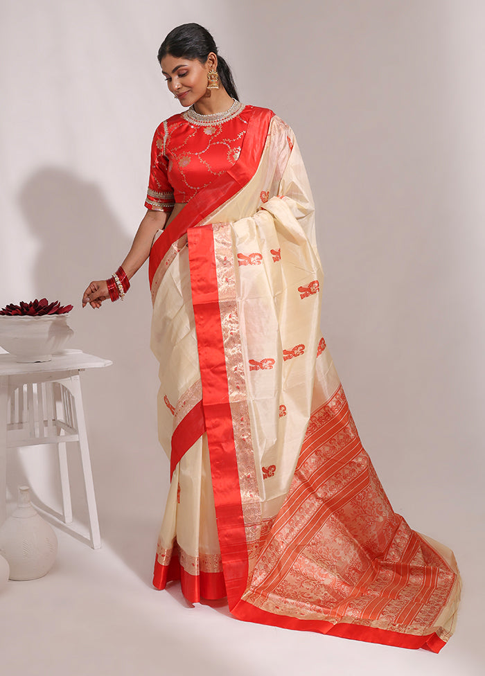 Cream Garad Pure Silk Saree Without Blouse Piece